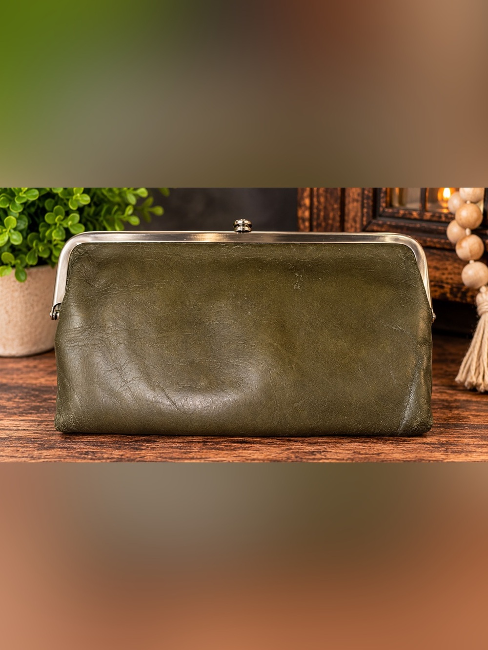 HOBO International Olive Green Leather Frame Clutch Wallet #2002
